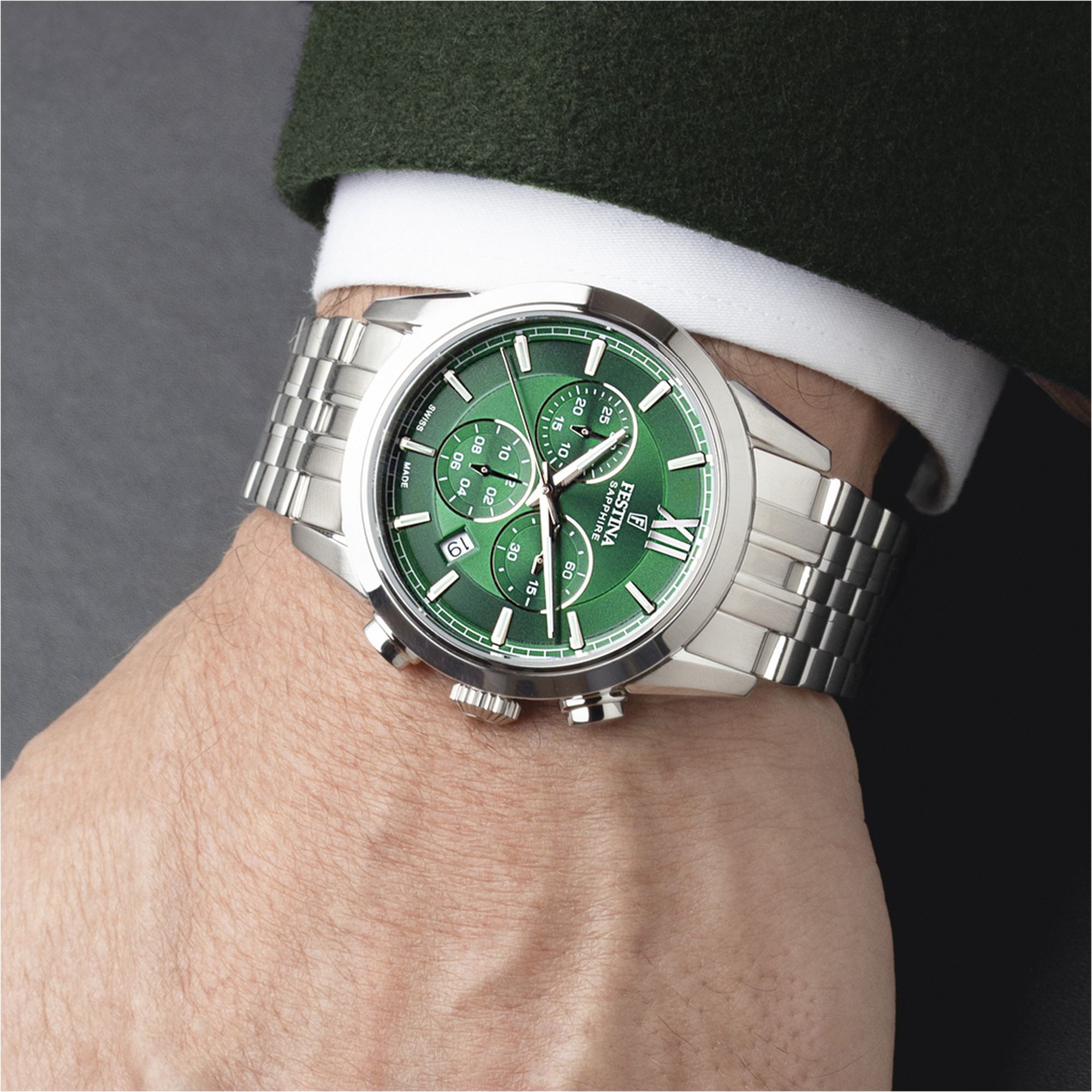 Chronograph with Green Dial Stainless Steel Strap - F20040-3