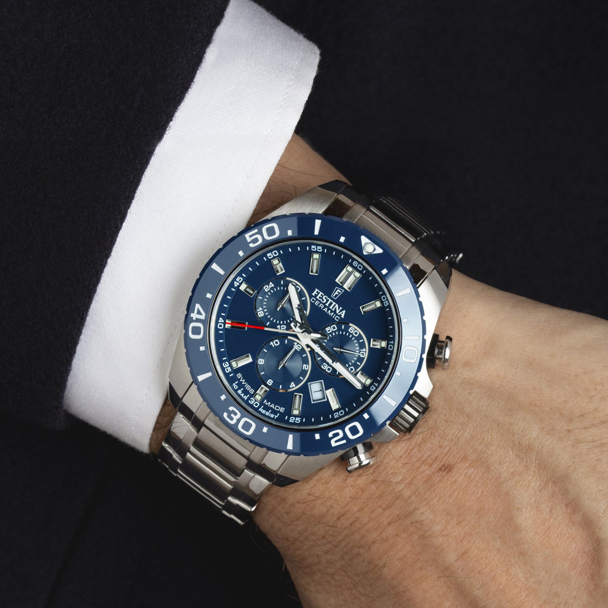 Chronograph Ceramic with Blue Dial Stainless Steel Strap - F20042-2