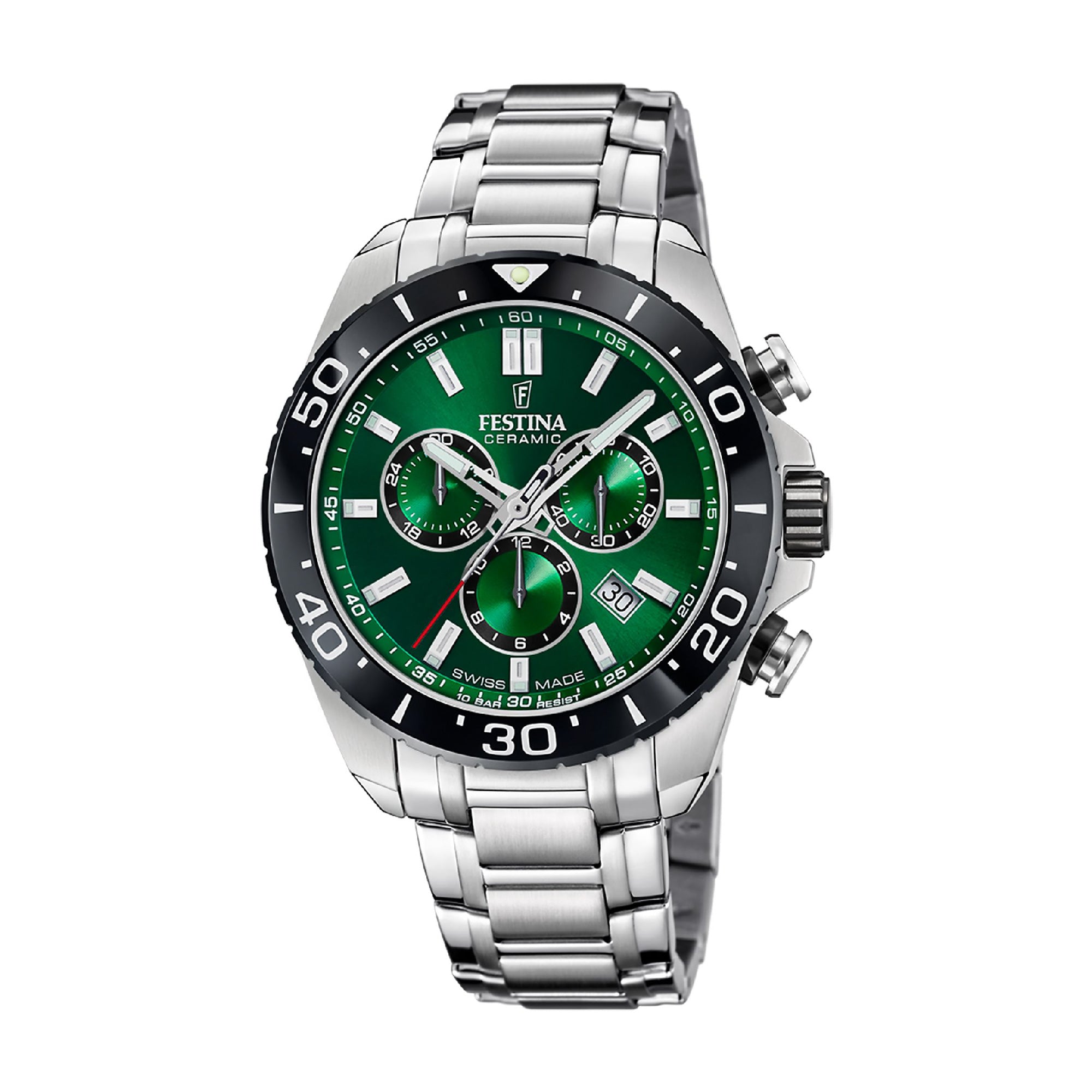 Chronograph Ceramic with Green Dial Stainless Steel Strap - F20042-3