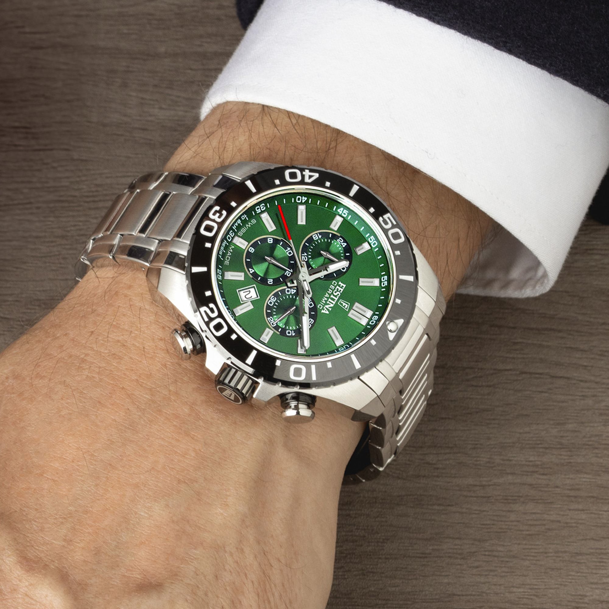 Chronograph Ceramic with Green Dial Stainless Steel Strap - F20042-3