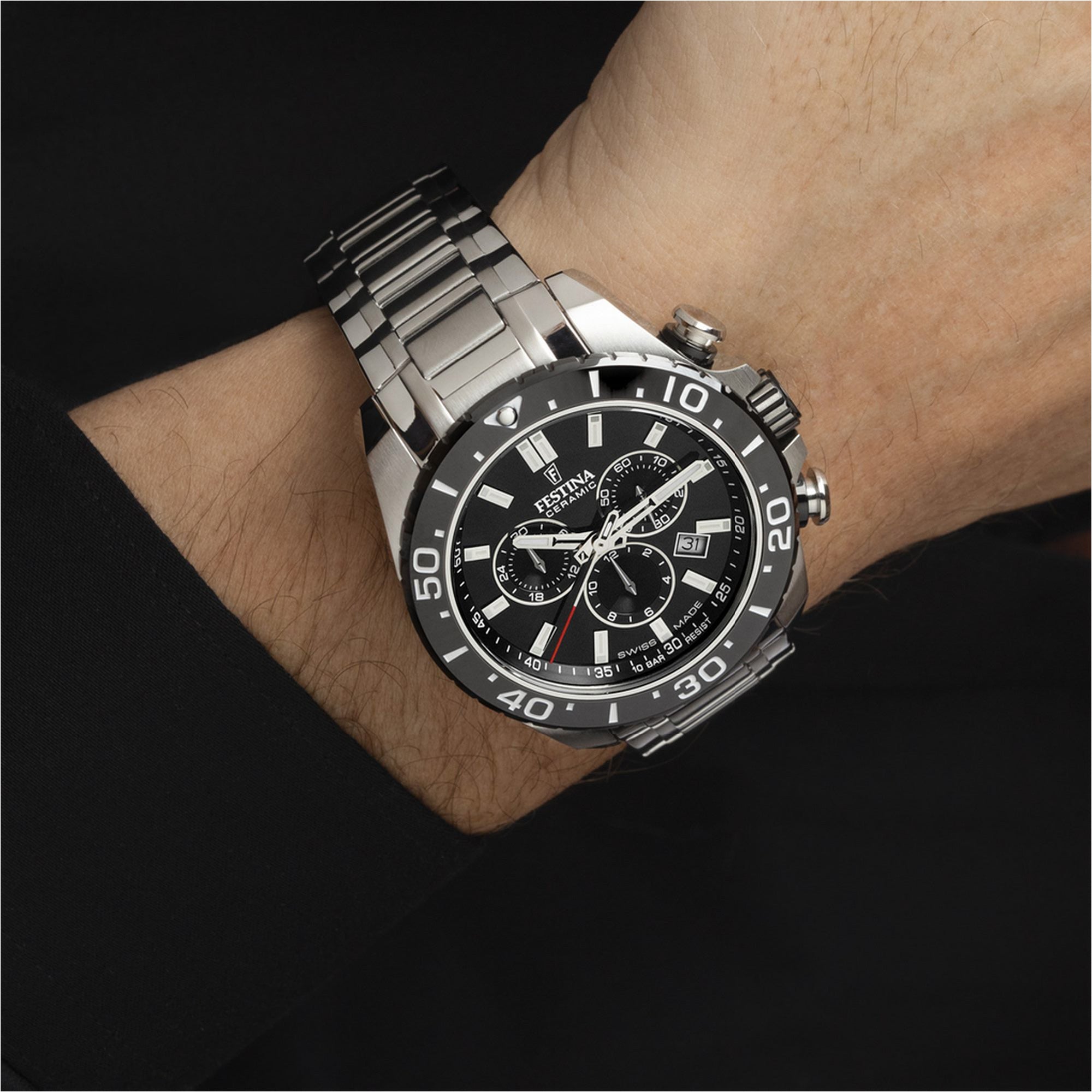 Chronograph Ceramic with Black Dial Stainless Steel Strap - F20042-4