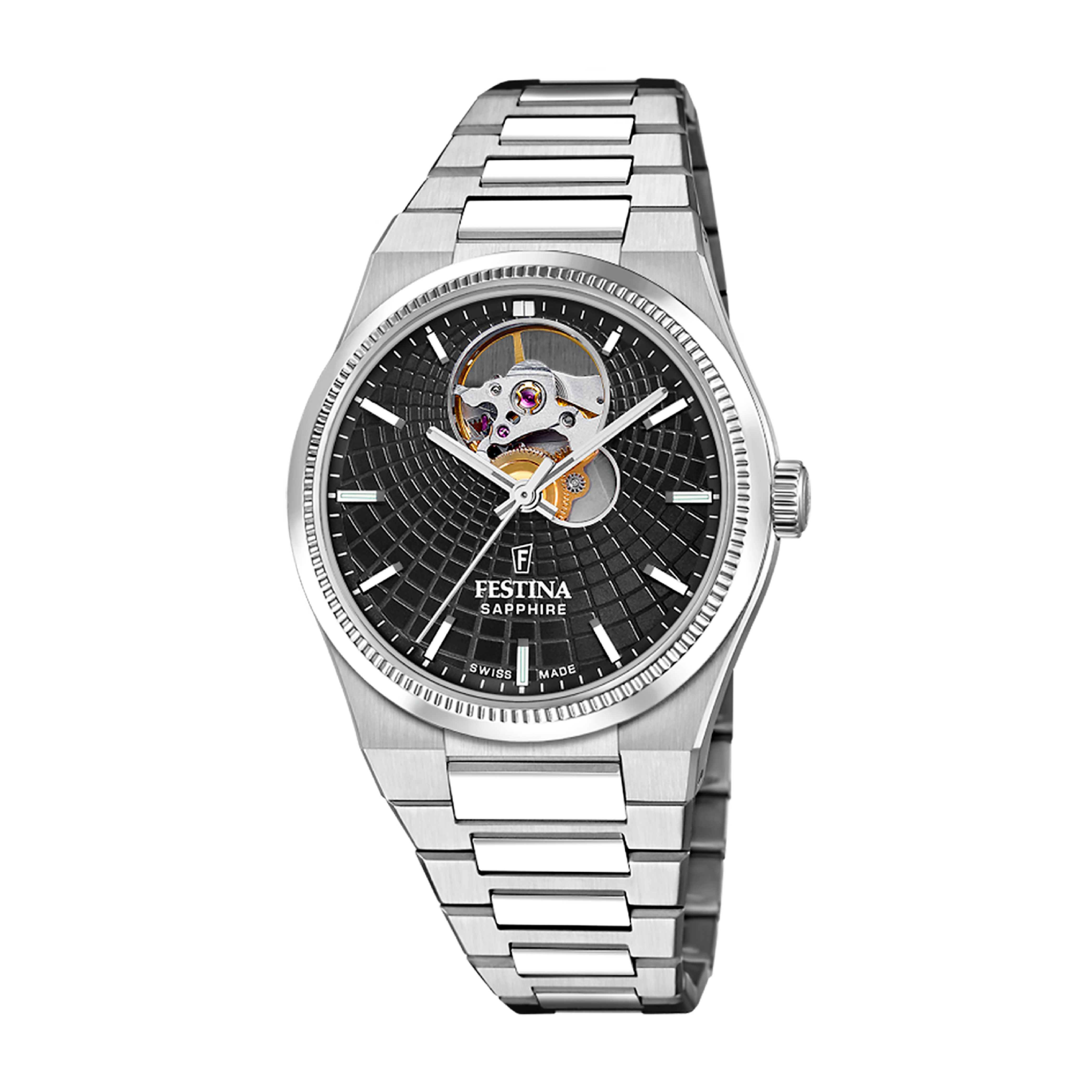 Open Heart with Black Dial Stainless Steel Strap - F20054-6