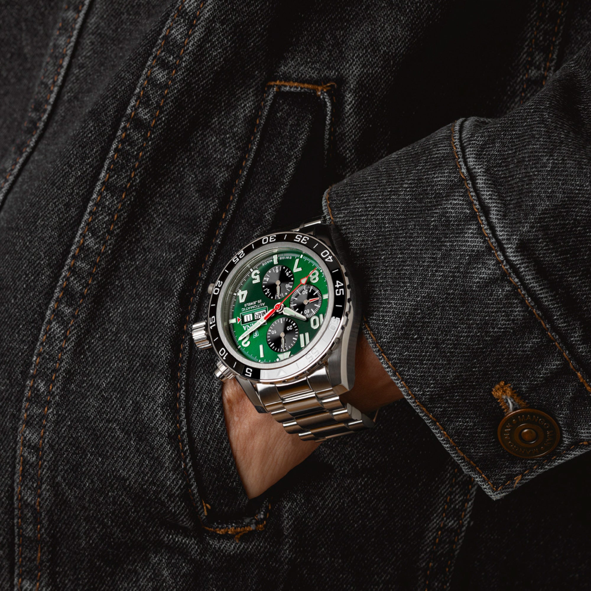 Chronograph Ceramic with Green Dial Stainless Steel Strap - F20055-2